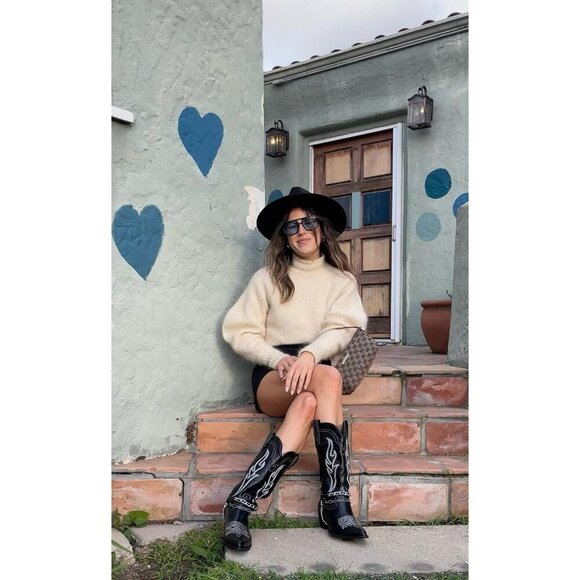 🆕Women Black Cowboy Boot with Chain Pointy Toe Heel Pull on Style Western Boots - Picture 6 of 7